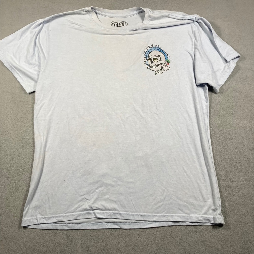 Fresh Laundry T-Shirt Mens 2XL Light Blue Live Fast Skull Roses Graphic Solid